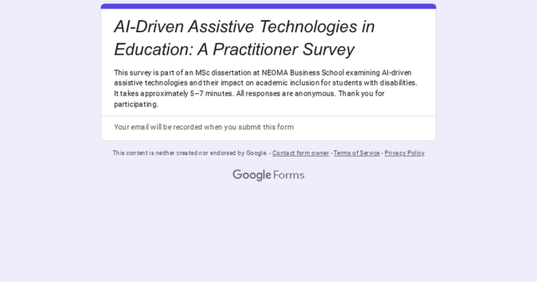 MSc researcher at NEOMA Business School — 2 min anonymous survey on AI tools for students with disabilities