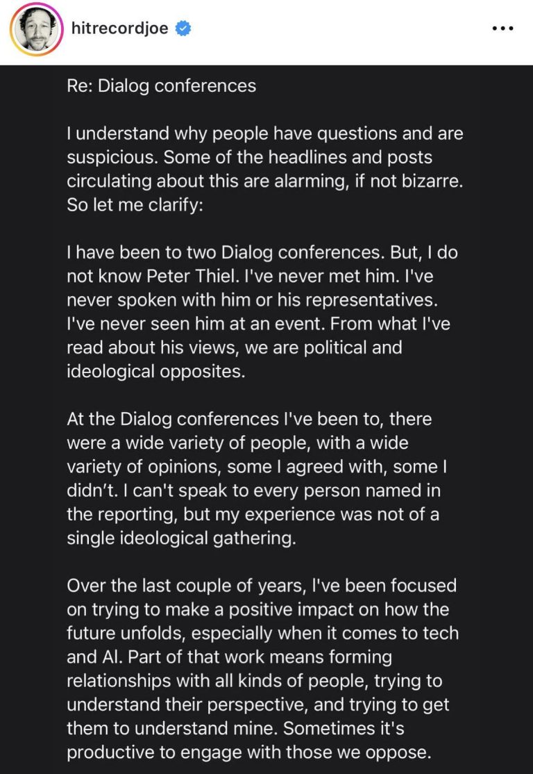 Joseph Gordon-Levitt claims to have never met Peter Thiel, says his ties to the Secret Society is due to his work with AI: “Part of that work means forming relationships with all kinds of people, trying to understand their perspective, and trying to get them to understand mine.“