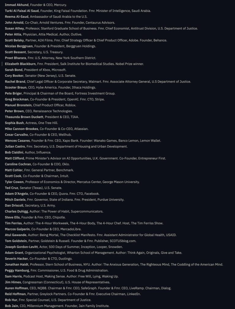 Dialog, Peter Thiel’s secret society group that doesn’t have a public website of members, had its 100+ member list leaked. Peter Thiel and many members are featured in the Epstein Files. The 2014 retreat invite was forwarded to Epstein.