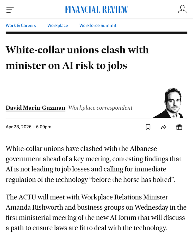 White-collar unions have clashed with the Albanese government ahead of a key meeting, contesting findings that AI is not leading to job losses and calling for immediate regulation of the technology “before the horse has bolted”