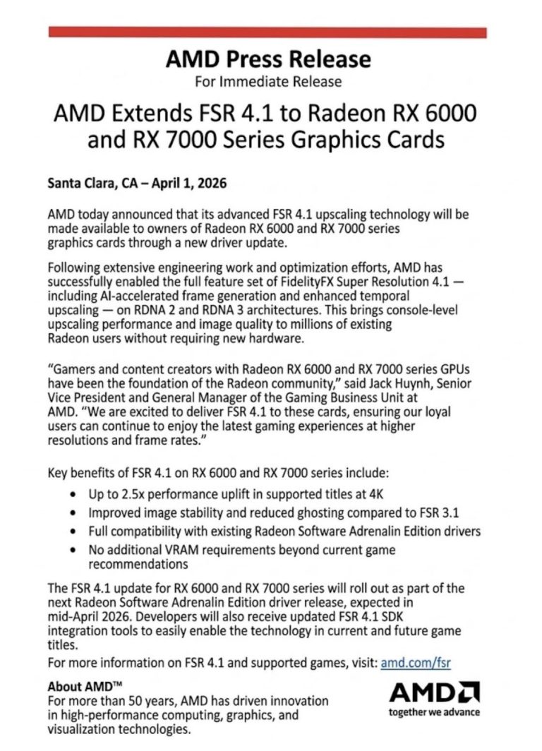 **AMD Extends FSR 4.1 to Radeon RX 6000 and RX 7000 Series Graphics Cards**