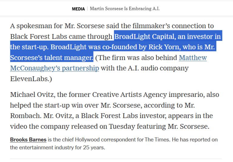 Lots of talk that Scorsese is “embracing” AI. Little mention that Scorsese’s business partner is a direct investor of the company Scorsese is “advising”, or that Scorsese has only tried the technology *once*.